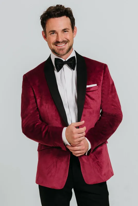 Burgundy Velvet 2 Piece Tuxedo with Contrast Shawl Lapel - Dobell