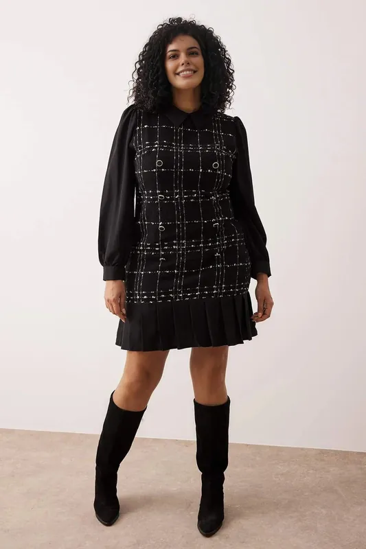 Check Pattern Double Breasted Pleated Hem Mini Woven Dress - WOVCOR