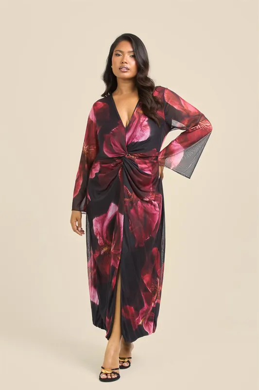 Curve Twist Front Large Floral Burgundy Mesh Midi Dress - FASHION-SZN