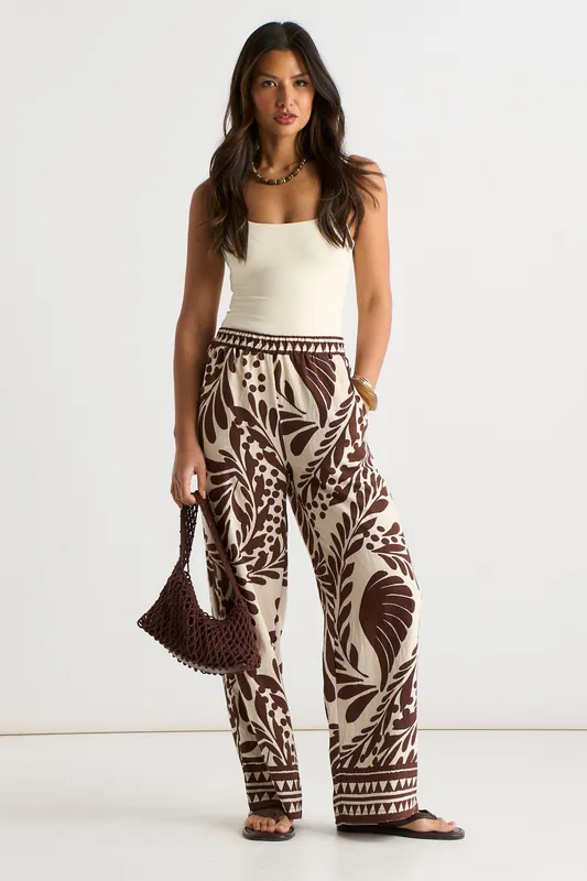 Chocolate Border Print Elasticated Trousers - Gini London