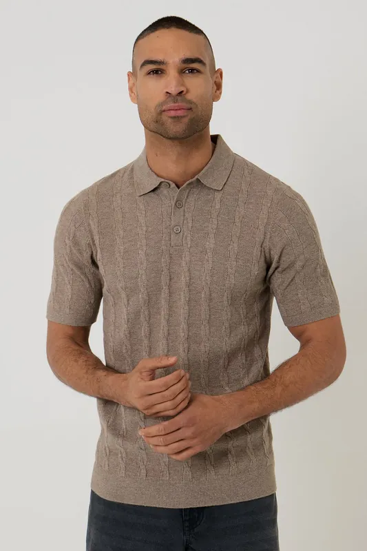 Cable Stripe Knitted Button Polo - Threadbare