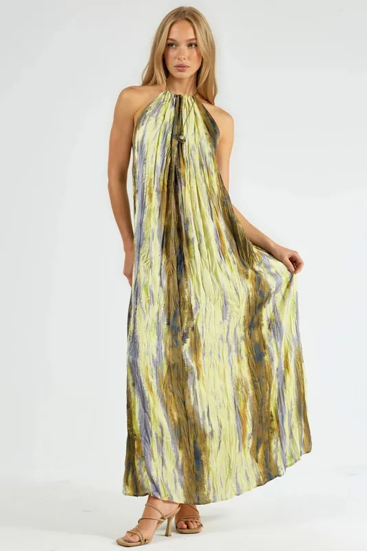 Textured Patterned Maxi Dress with Halter Collar - QU Style