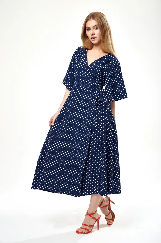 Small Polka Dot Midi Wrap Dress In Navy - Liquorish