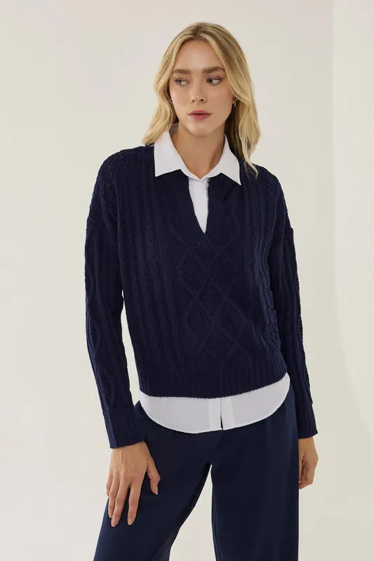 Relaxed Fit Shirt Collar Sweater with Hair Braid Pattern - Hiccup