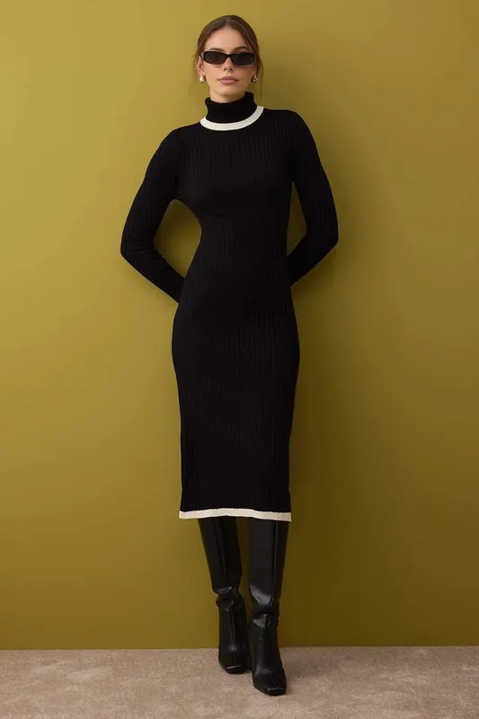 Colour Block Midi Turtleneck Ribbed Knit Dress - WOVCOR