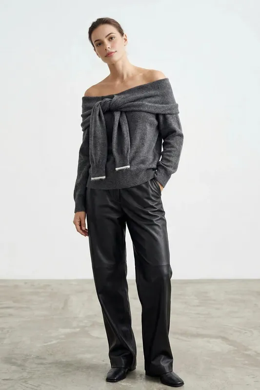 Soft Textured Madonna Neck Tie-Up Knit Sweater