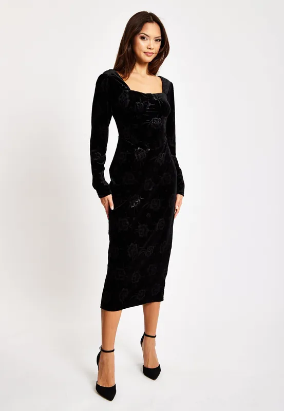 Corset Detail Midi Black Velvet Dress - Liquorish