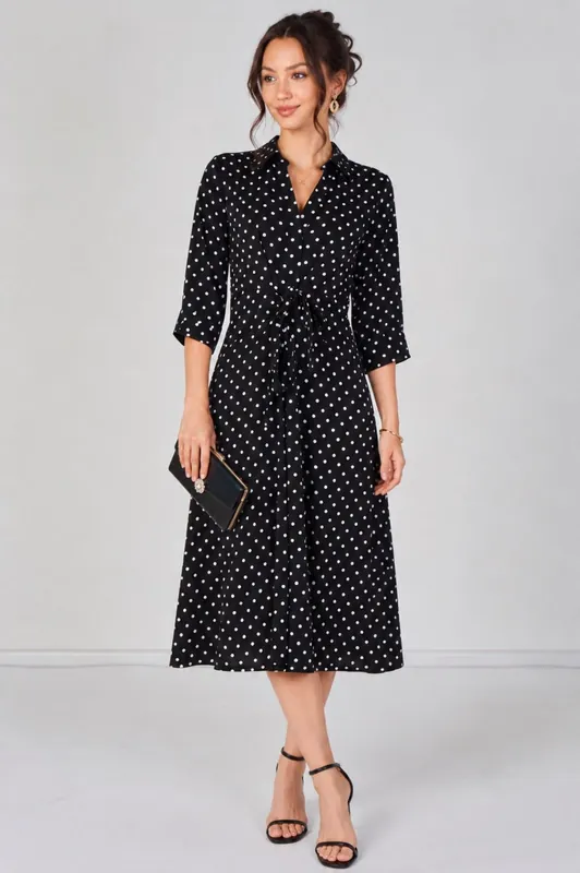 Black Mini Polka Dot Quarter Sleeve Tie Waist Midi Dress - Love Sunshine