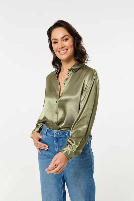 Khaki Satin Long Sleeve Button-Up Shirt