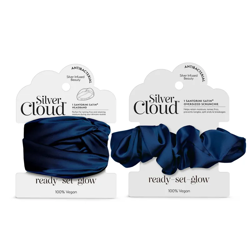 Santorini Satin+ Headband And Oversized Scrunchie Navy - Silver Cloud