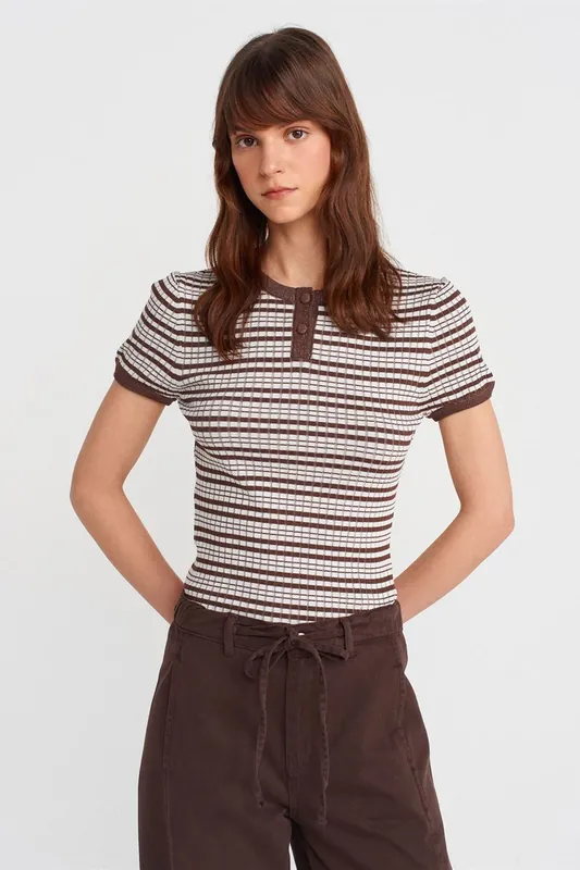 Striped Ribbed Button-Front Blouse