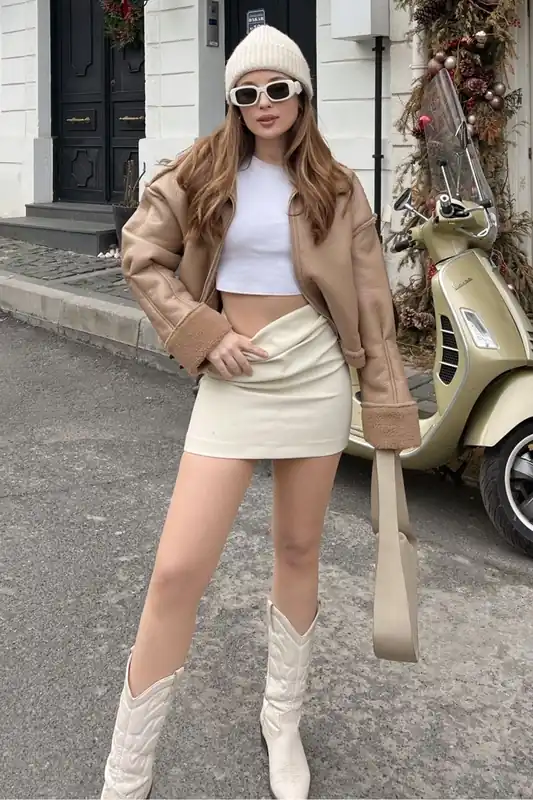 Faux Leather Hooded Cropped Jacket with Faux Fur - Bianco Lucci