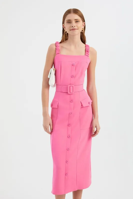 Square Neck Buttoned Belted Sleeveless Maxi Dress with a Pocket Detail - Hiccup