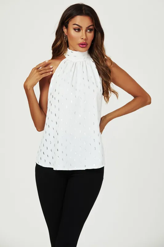 Silver Foil Halter Neck Tie Back Top In White - FS Collection