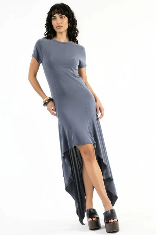 Asymmetric Midi Dress with Crew Neck - Busem