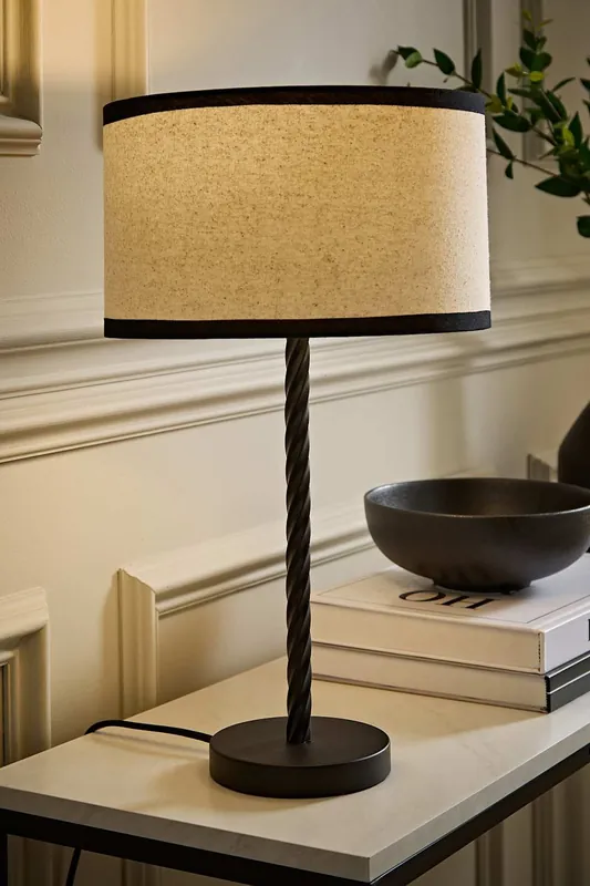 Maura Natural Linen Black Trim Drum Shade Matte Black Twist Table Lamp - ValueLights