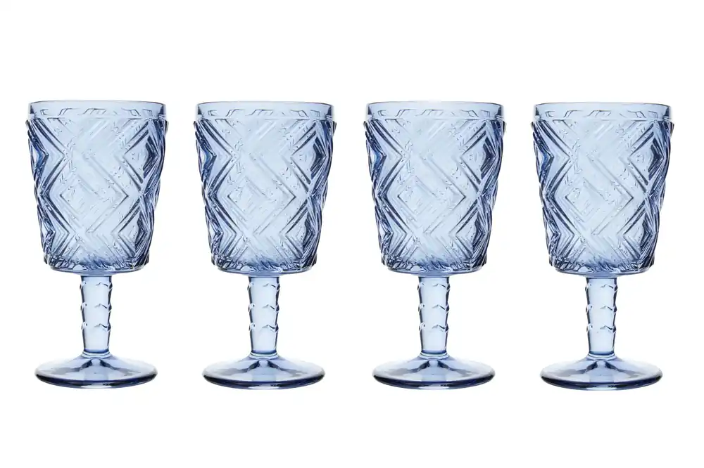 Classic Set Of 4 Blue Wine Glasses, Decorative Crystal Goblets For Red Wine, Embossed Glasses For Champagne - Orsina