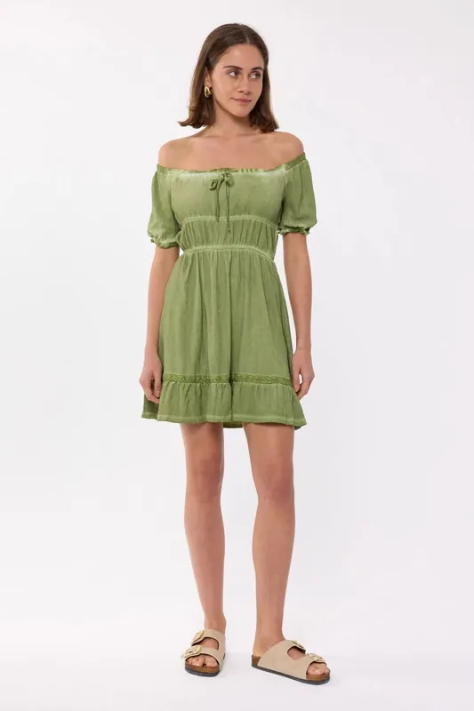 Off-Shoulder Tie-Front Acid-Washed Mini Dress
