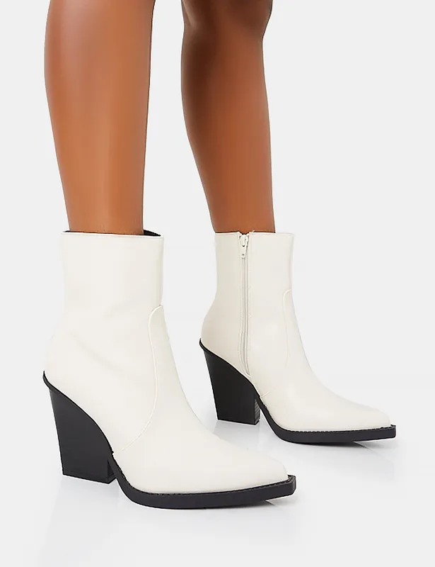Jessie White Pu Western Black Contrast Sole Block Heeled Ankle Boots - Public Desire