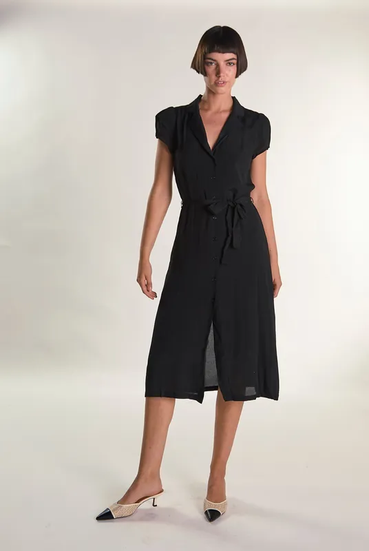 Black Button-Front-Wrap Midi-Dress