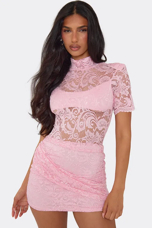 Short Sleeve Lace Mini Dress - EGO