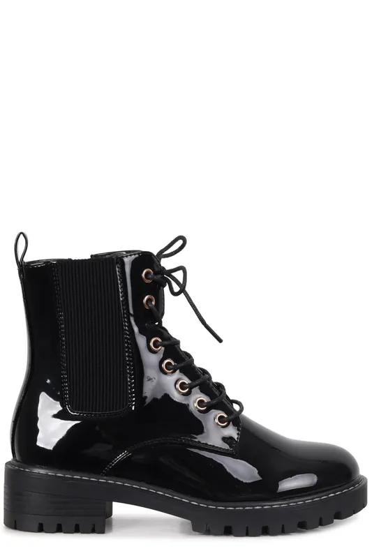 Layna Black Faux Patent Military Boot - Linzi