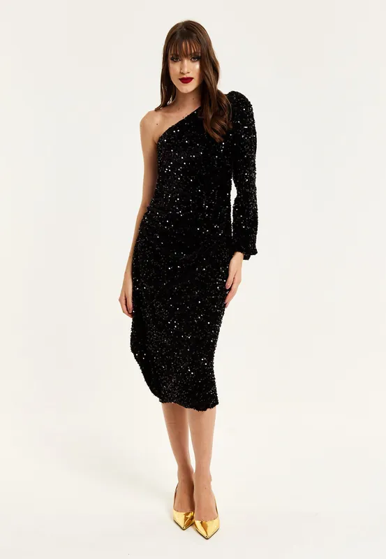 Black Sequin Velvet One Shoulder Midi Dress - Liquorish