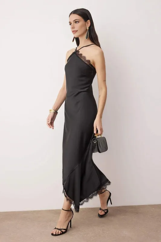 Halter Neck Lace Trim Satin Midi Evening Dress - WOVCOR