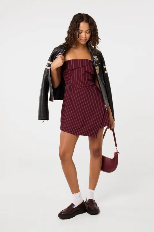 Wine Pinstripe Bandeau Skort Dress - Pink Vanilla