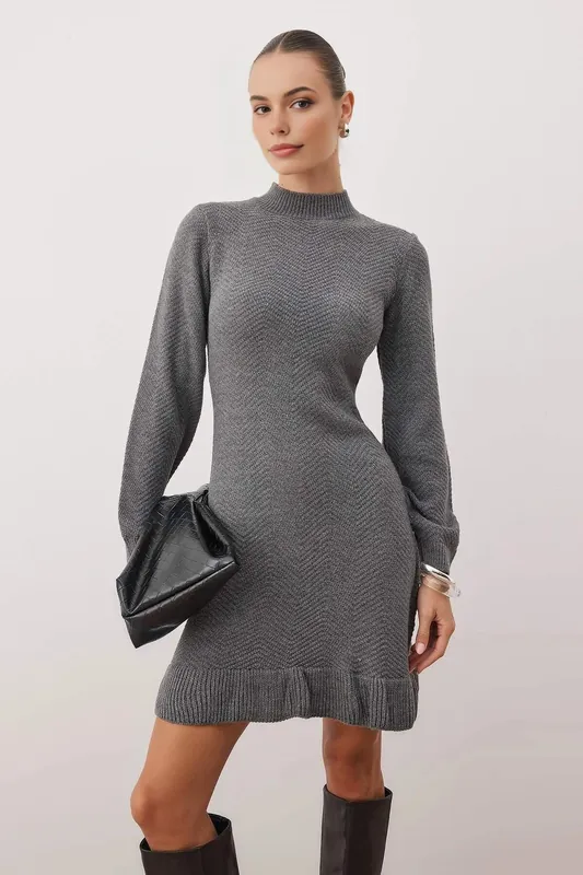 Stand Collar Mini Knit Dress with Ruffle Hem - WOVCOR