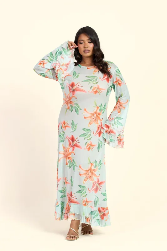 Curve Lily Print Long Sleeve Ruffle Swing Maxi Dress - FASHION-SZN