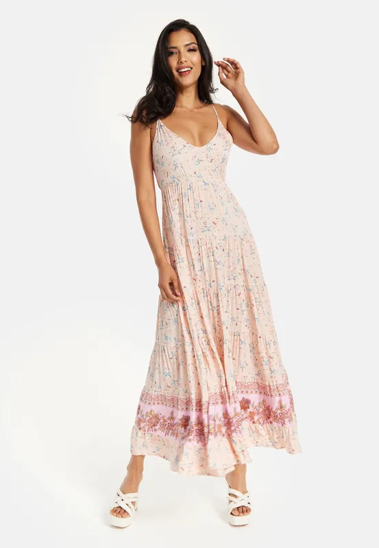 Cami Maxi Dress in Nude Floral Print with Tie Back - Liquorish