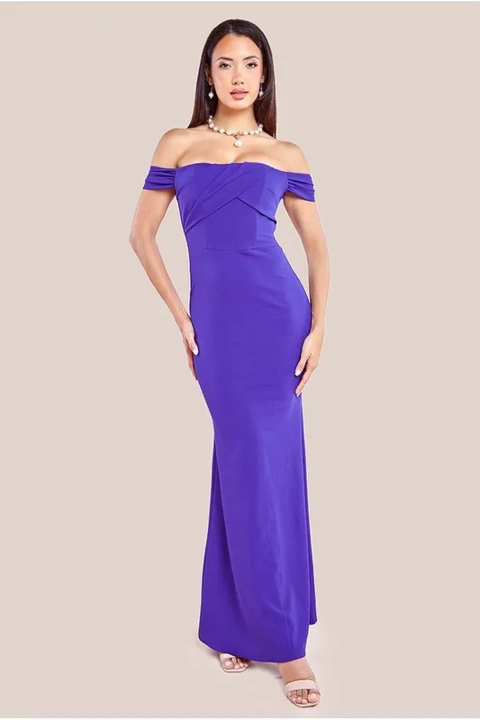 Pleated Bardot Scuba Maxi Dress - Goddiva