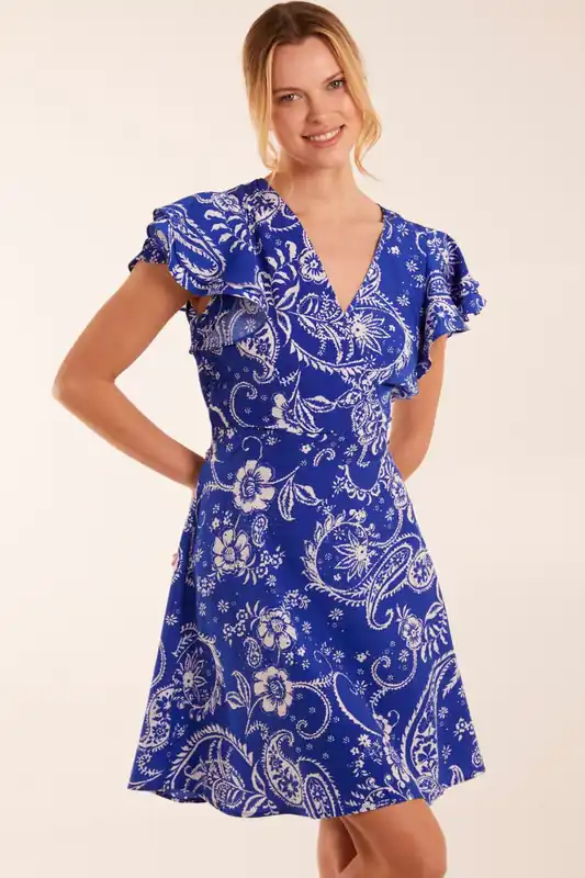 Frill Sleeve Wrap Belted Mini Dress - Blue Vanilla