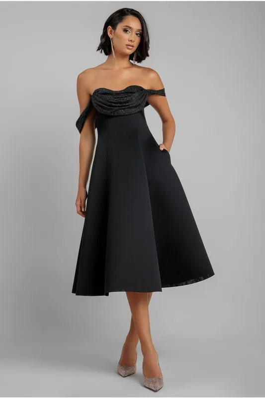 Sparkle Chiffon Cowl Bardot Skater Midi Dress - Goddiva
