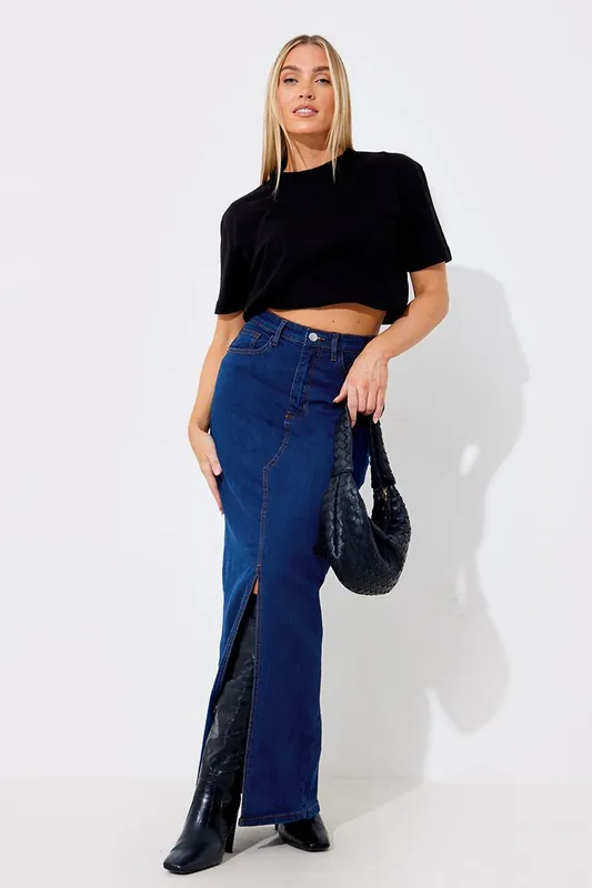 Blue Split Detail Denim Maxi Skirt - In The Style