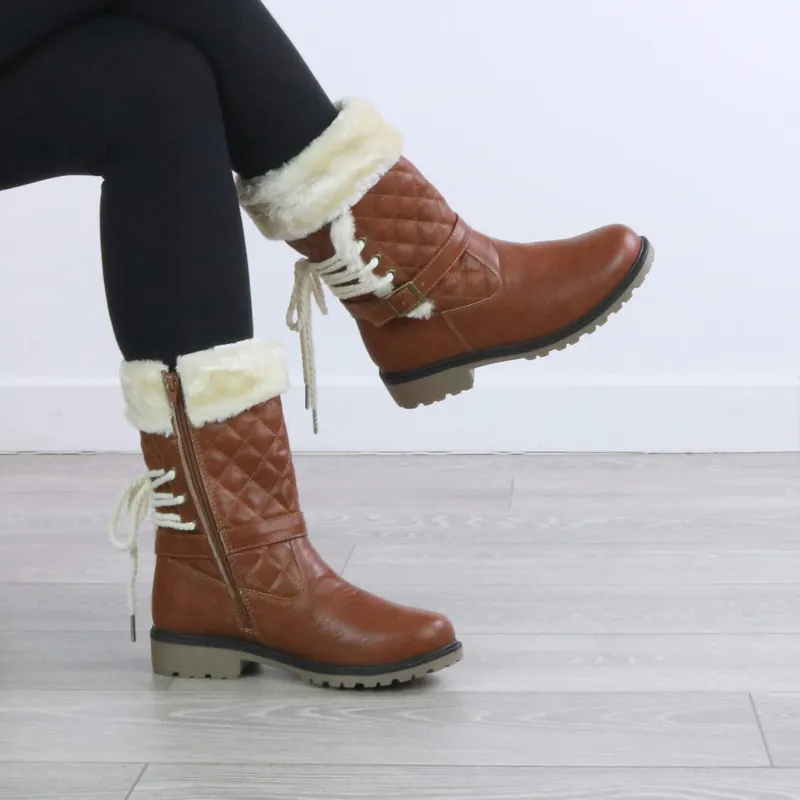 Low Heel Faux Fur Lined Winter Mid Calf Boots - AJVANI