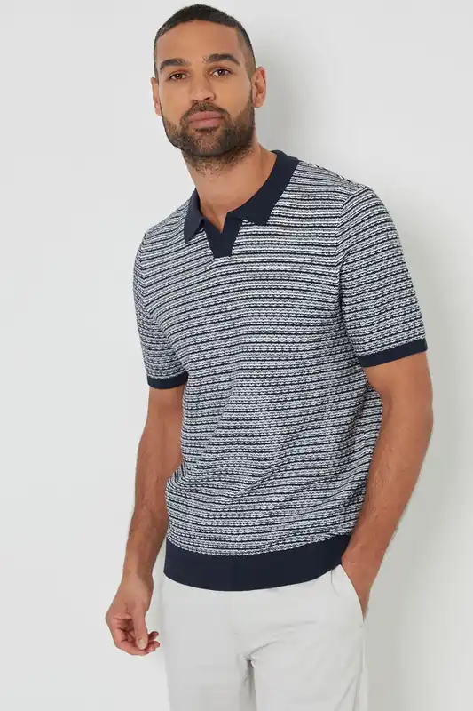 Textured Stripe Trophy Neck Knitted Polo Shirt - Threadbare