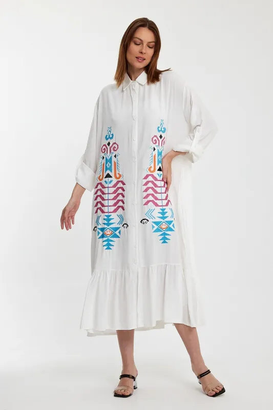 Embroidered Tiered Midi Dress with Button-Through Front in White