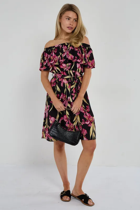 Black Iris Floral Off-Shoulder Miini Dress