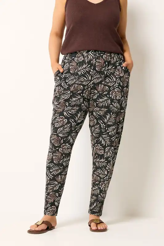 Leaf Print Double Pleat Harem Trousers - Yours