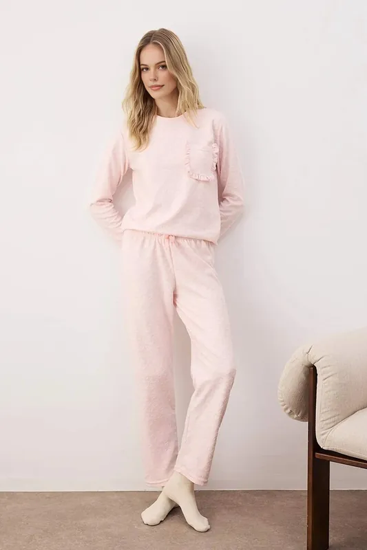 Heart Jacquard Ruffle Pocket Long Sleeve Knit Pyjama Set - WOVCOR