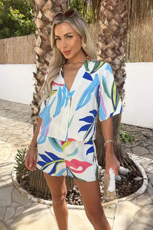 Multi Leaf Print Boxy Shirt And Shorts Co-ord