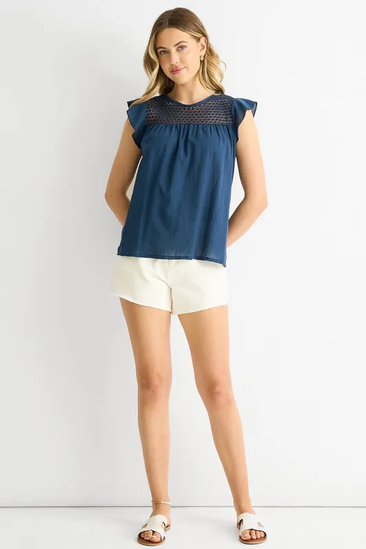 Blue Crochet Panel Viscose Loose Fit Top - Gini London