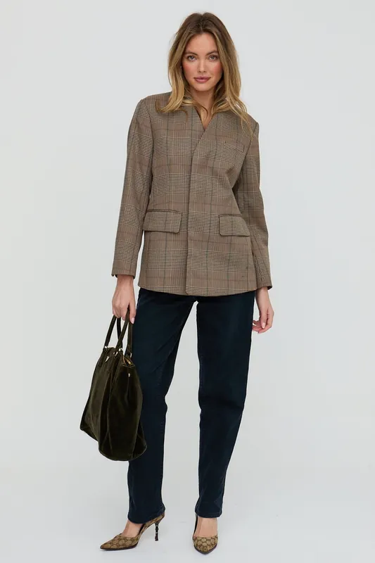 Leah Collarless Check Print Jacket In Brown - Lily and Lionel