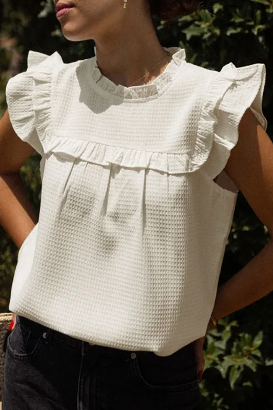White Solid Color Ruffle Trim Waffle Knit Blouse - Everyday The Label