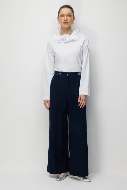High Waist Wide Leg Pants with Accessory Detail - MixRay