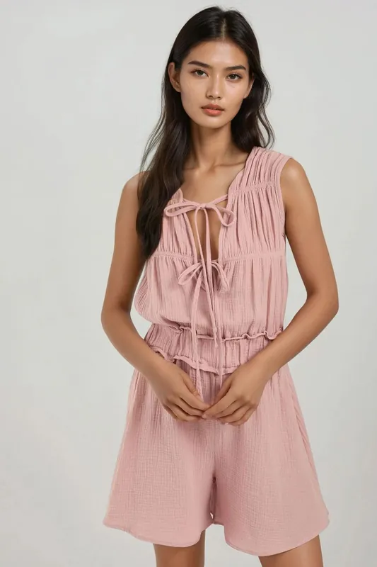 Textured Short Leg Jumpsuit with Crew Neck - Hiccup