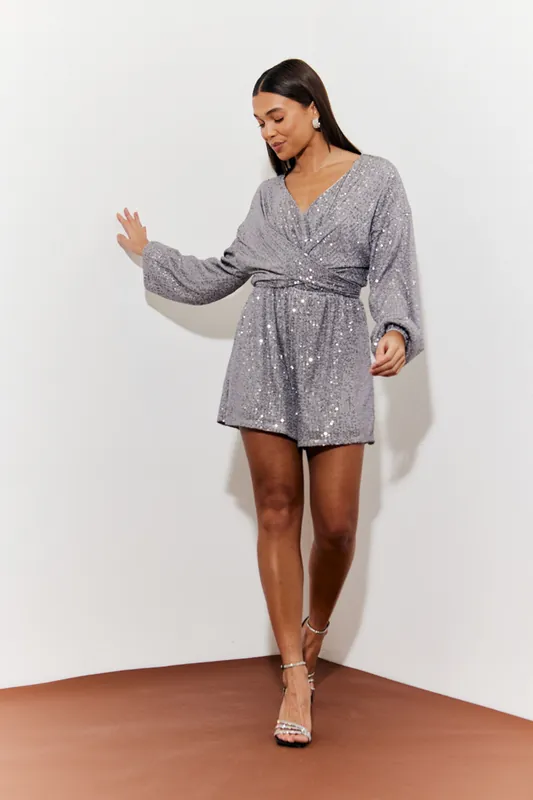 Silver Sequin Multi Front Knot Playsuit - In The Style