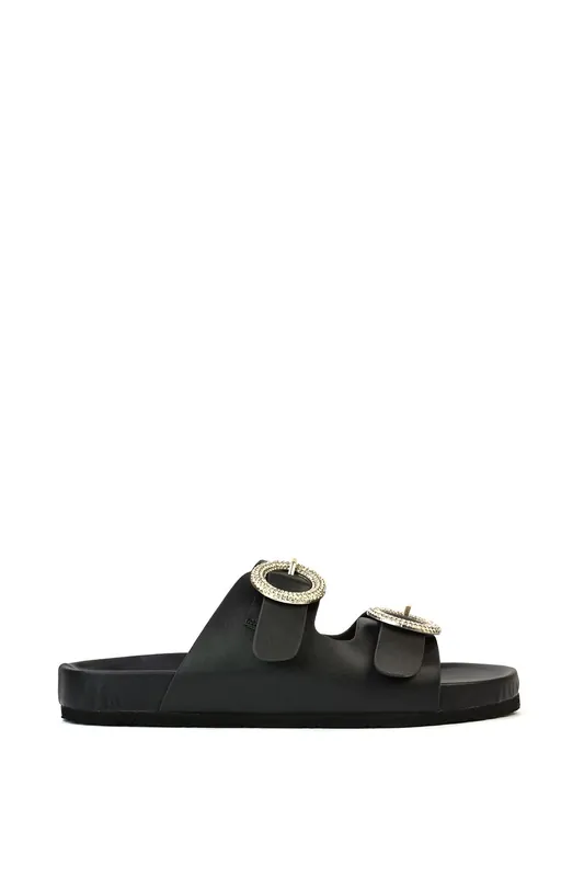Reggie' Slip On Flat Sandals Sliders With Double Strap Diamante Buckle - XY London